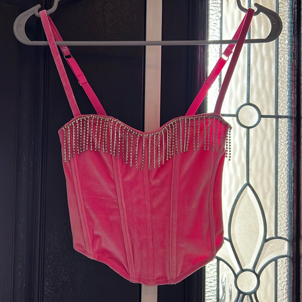 ASOS DESIGN Festival velvet corset with diamante fringe in pink